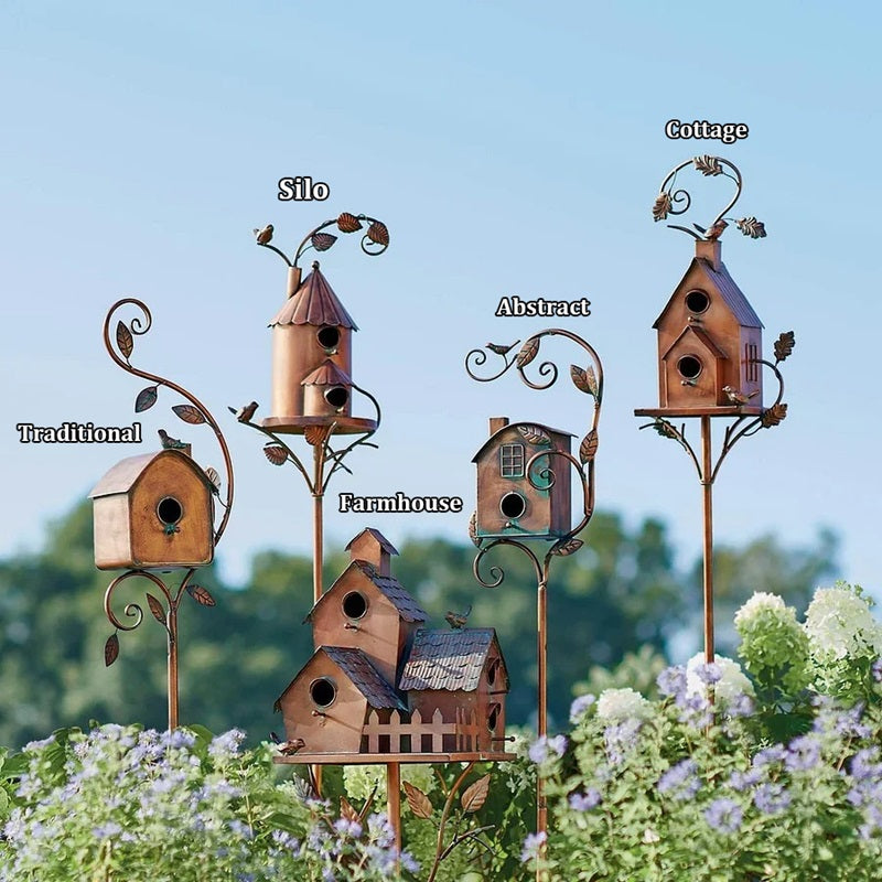 Handmade Metal Birdhouse Garden Stakes
