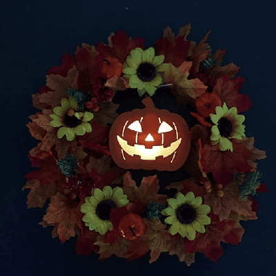 ZMMA 11.8''Glowing Pumpkin Wreath Door Decoration Hanging Wreath, Autumns Harvest Halloween Thanksgiving Decoration Indoor Outdoor Decor