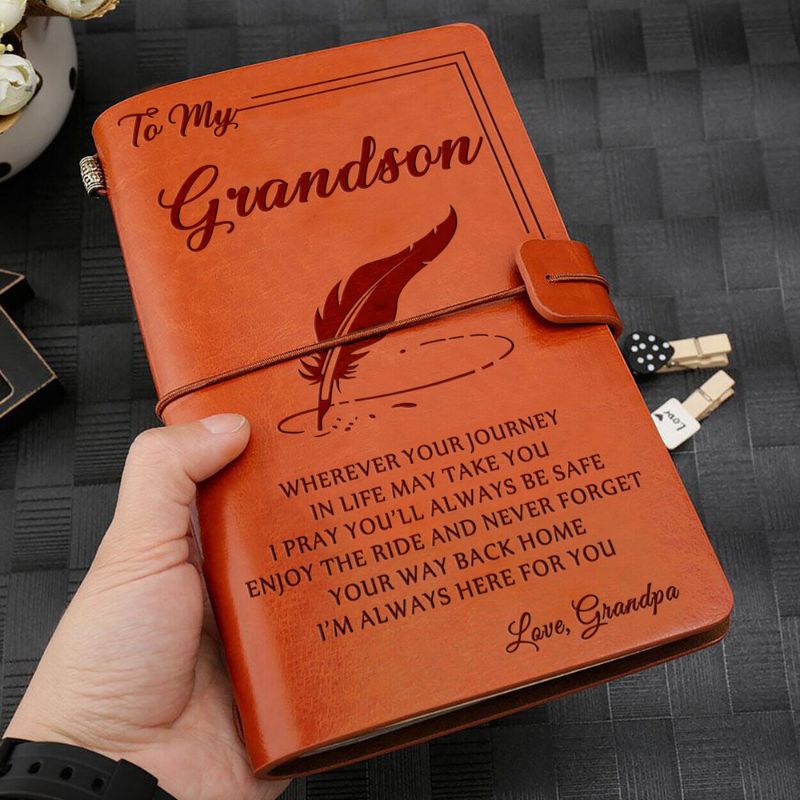 Grandpa To Grandson - Enjoy The Ride - Engraved Leather Journal Notebook