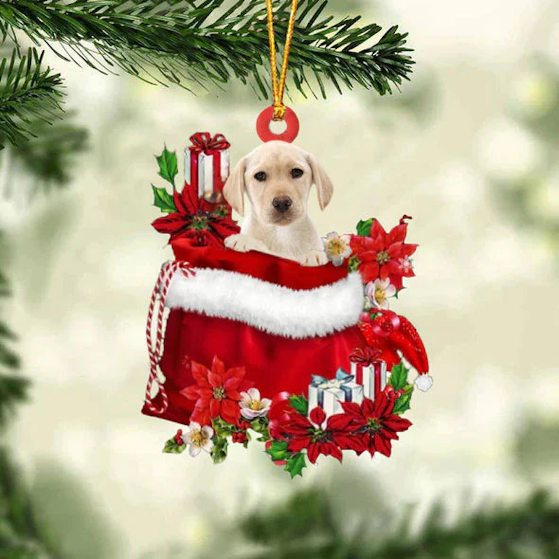 Yellow Labrador In Gift Bag Christmas Ornament GB041