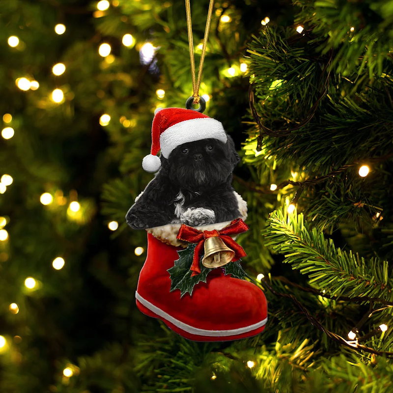 Shih Tzu Color Black In Santa Boot Christmas Hanging Ornament SB031