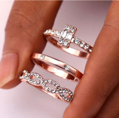 3PCS Charm Crystal Thin Stackable Twisted Ring Set for Women